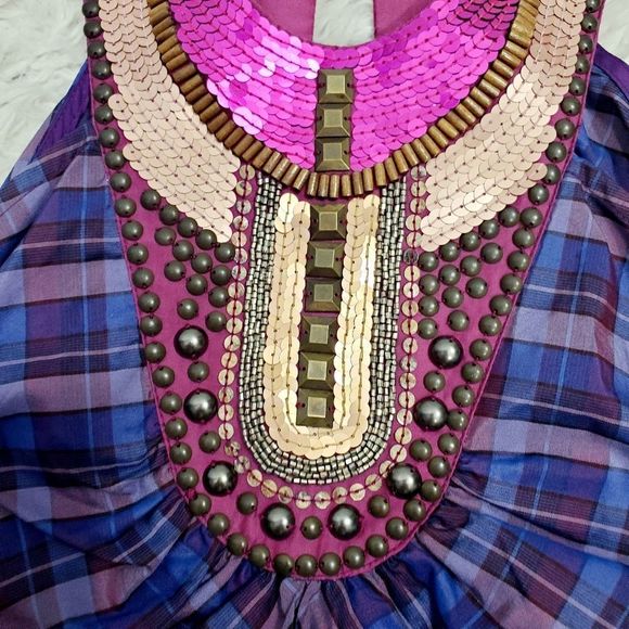 4x$25 a Common threads 100% silk embellished studded sequin plaid sleeveless  Sm - Picture 3 of 12